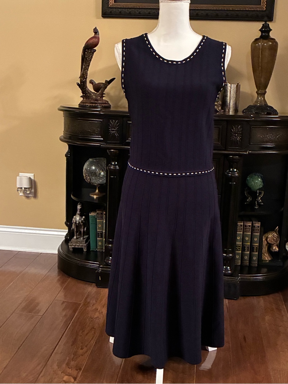 Navy Blue White Detail Nautical Drop Waist Summer Sleeveless Dress. Size M